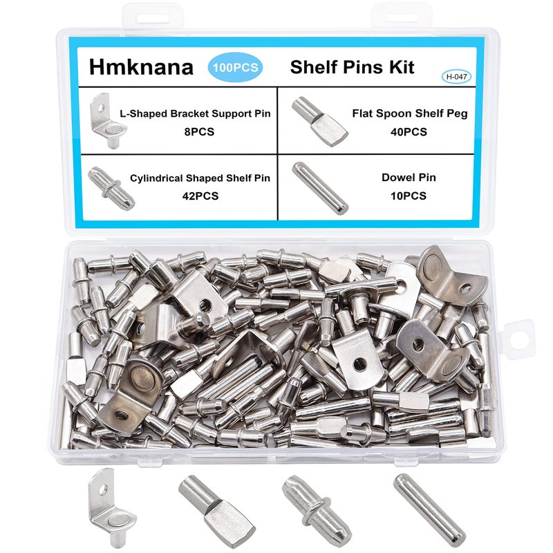 Hmknana 100PCS 4 Styles Shelf Pins Kit - Nickel Plated Shelf Bracket Pegs & Shelf Support Pins,Dowel Pin and Shelf Holders for Shelves Cabinet Furniture Closet etc - Image 1